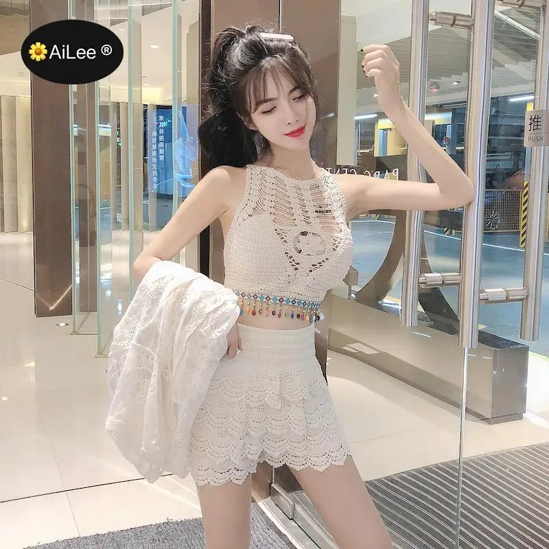 (3pcs Set) Woman Summer Lace Floral Shorts Summer New Ladies Mini Lace Crochet Flower Tiered Women Shorts Summer Clothing