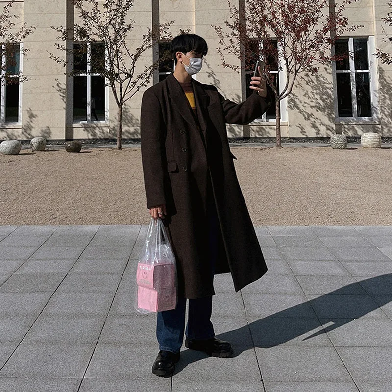 Tweed Coat Men's Mid-length Autumn and Winter Korean Version Loose and High-end Thick Tweed Trench Coat