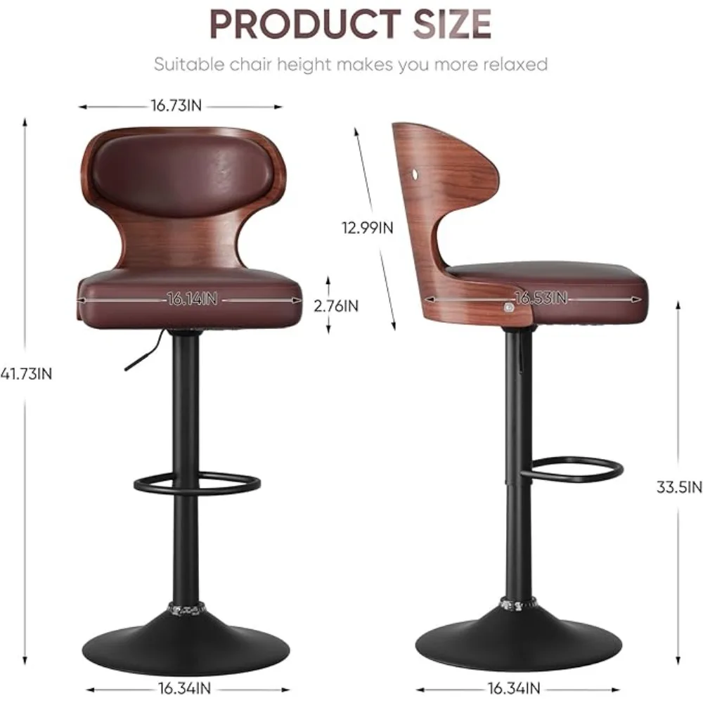 Set of 2 Seat Adjustable Height 24.5-33.5IN Bentwood Swivel Barstools with Back & Footrest-PU Leather Upholstered Bar Chair, bar chairs