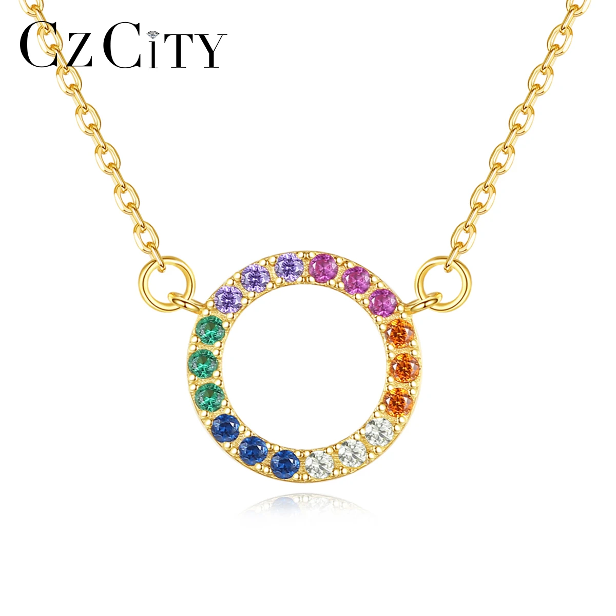 Multicolor Zirkon Sterling Silber Kreis Anhänger Regenbogen Zirkonia Frauen Halskette Mädchen_voghion.com