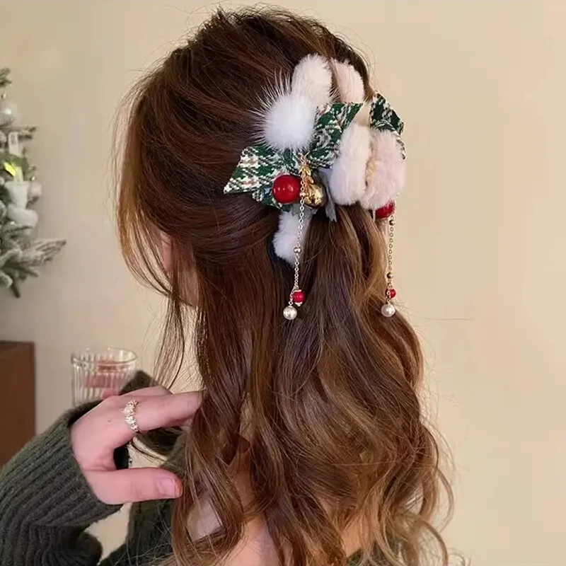 1 Stück Herbst- und Winter-Weihnachts-Plüsch-Perlen-Entenschnabel-Clip, eleganter Haarklammer-Clip, Haar-Accessoire