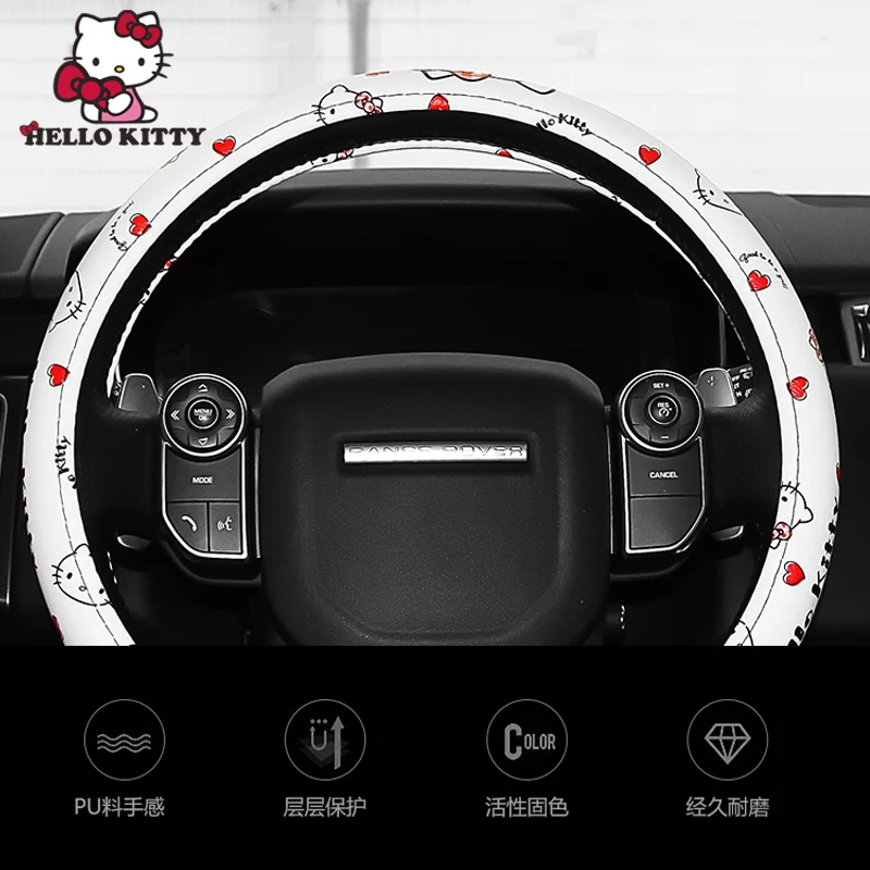  Housse de volant de voiture en cuir élastique pour Hello Kitty  - Accessoire de voiture pour homme et femme