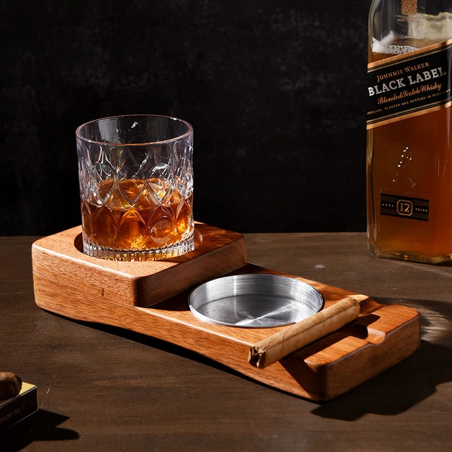 Cigar Ashtray Whiskey Glass Tray - Wood Ash Tray with Slot Hold