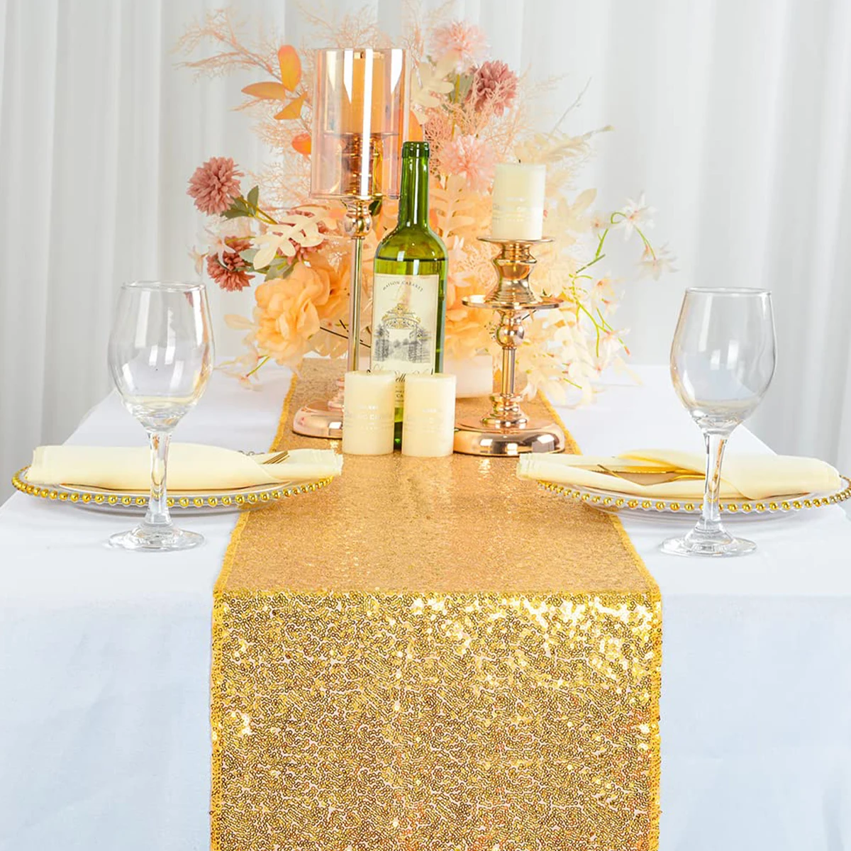 

Sparkle Metallic Gold Table Runner Sequin Glitter Foil Mesh Roll Tablecloth for Wedding Event Birthday Baptism Baby Shower Decor