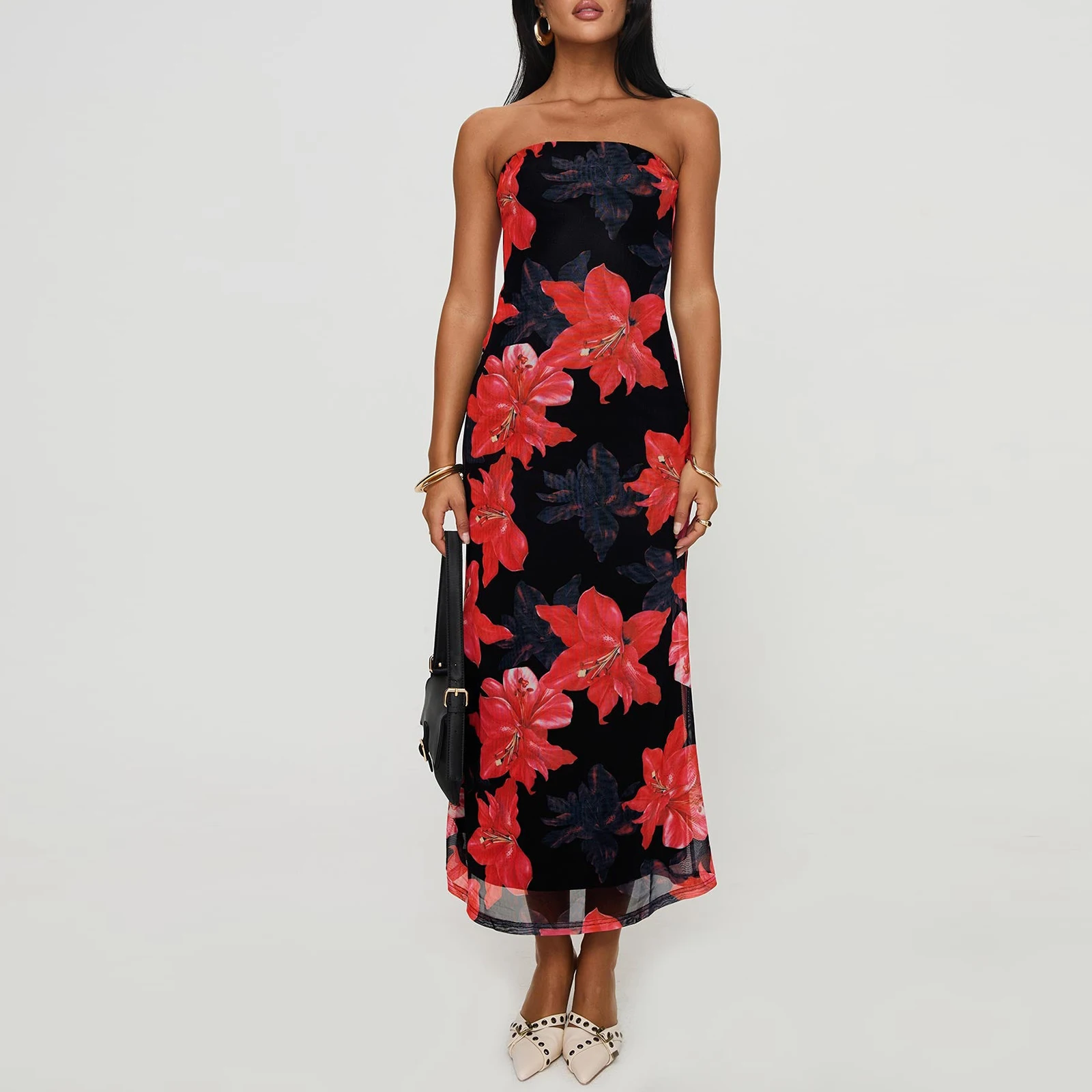 

Women Sleeveless Strapless Tube Dress Summer Floral Print Backless Elegance Long Party Dress for Cocktail Beach Streetwear