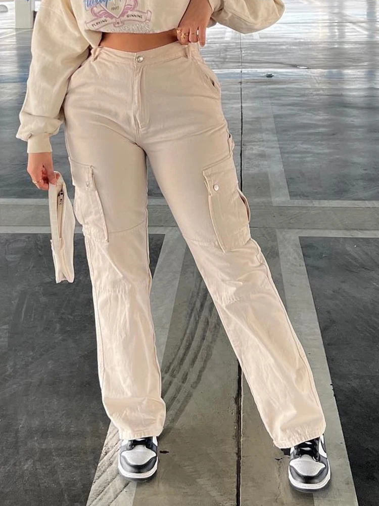 Pantalones Cargo de color caqui mujer, ajustados de Vaqueros cintura alta, a la moda ropa de calle, color verde ArmyGreen, vaqueros holgados Vintage con bolsillos grandes _ - AliExpress Mobile