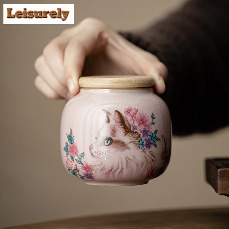 Pink Ru Kiln Flower Cat Tea Box Organizer Moisture-proof Vintage Storage Tank Containers Tea Caddy Cafes Accessories Decoration