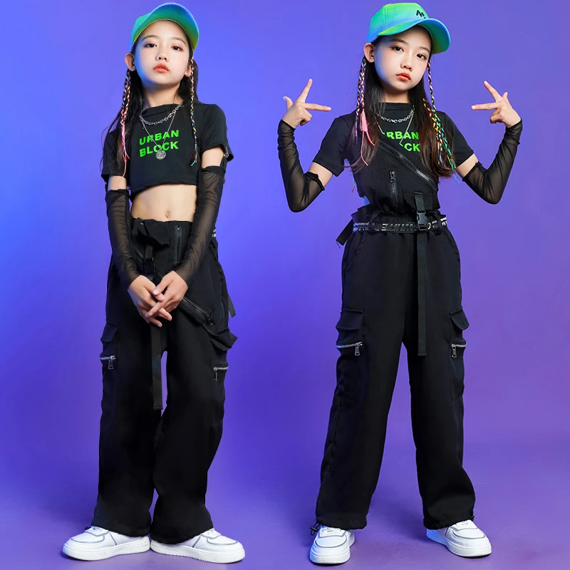 

2022 Children Jazz Performance Costumes Black Crop Tops Hiphop Pants Streetwear Ballroom Hip Hop Kpop Dance Clothing DQS10197
