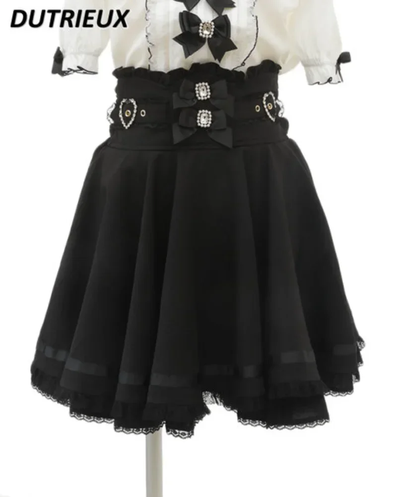 Japanese Mine Style Mass-Produced Skirt Women Sweet Lolita Short Skirt Spring Summer Ribbon Bow Diamond Pearl Buckle Plaid Skirt