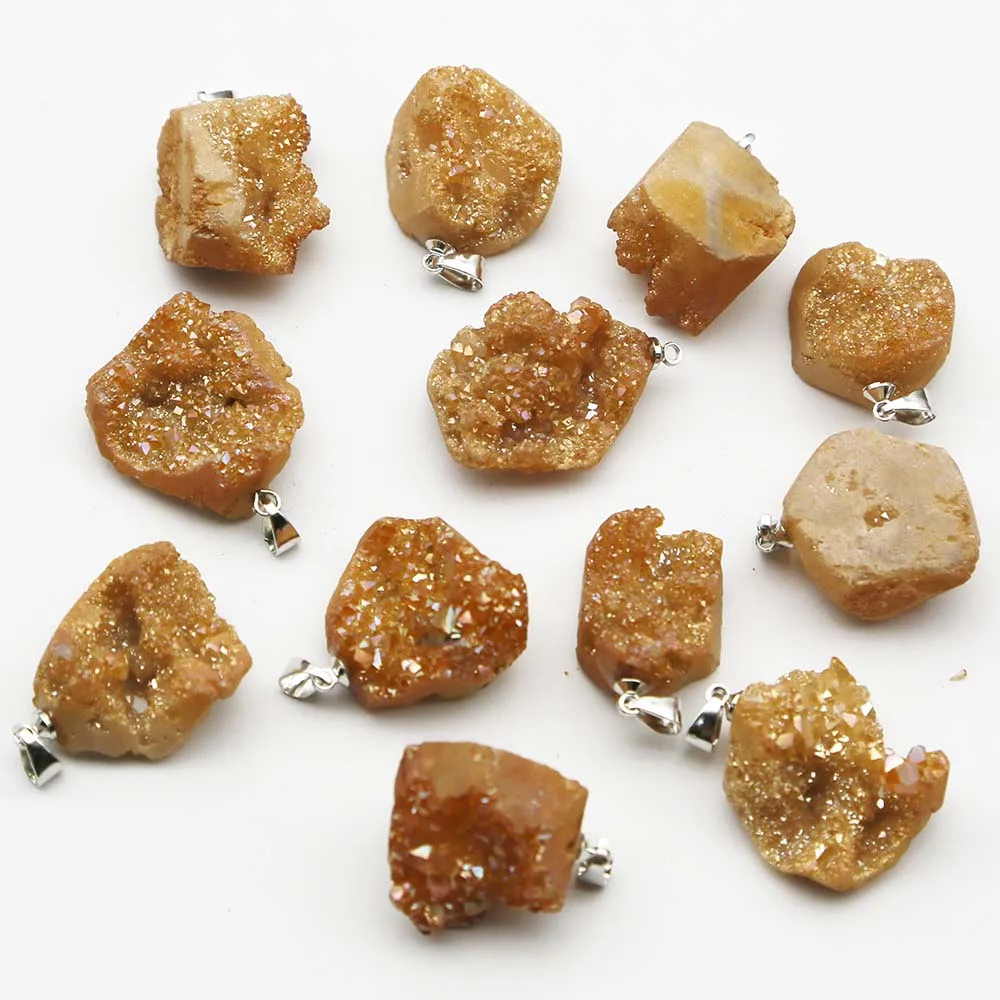 Natural Raw Ore Stone Electroplated Colorful Irregular Crystal Druse Pendant Necklace Fashion Charm Jewelry Gift Wholesale 12Pcs