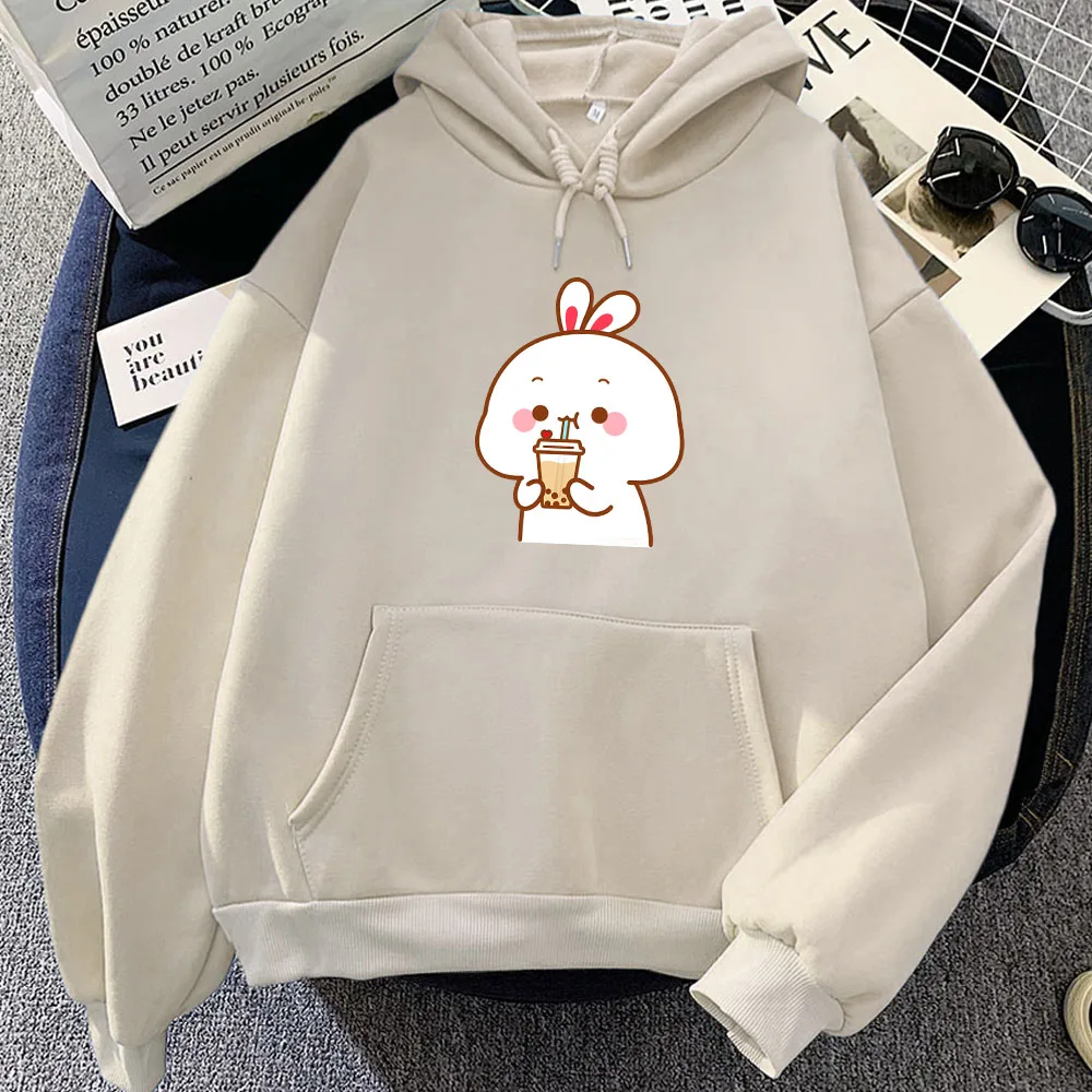 Cute Rabbit Drinking Milk Tea Hoodies for Girls Casual Long Sleeve Women Sweatshirts Winter Fleece Warm Cartoon Graphic Pullover
