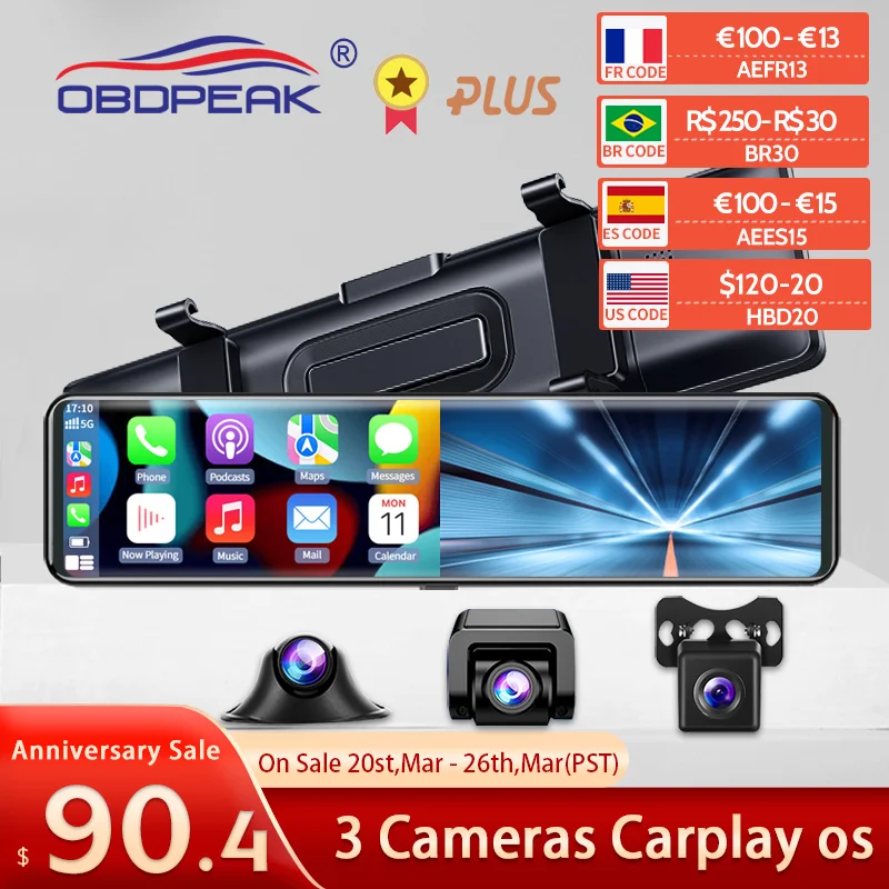 3 Cameras Dash Cam Carplay & Android Auto 2.5k 2560*1440P Rearview Mirror Video Recording WIFI Loop Record Phone APP Car DVR