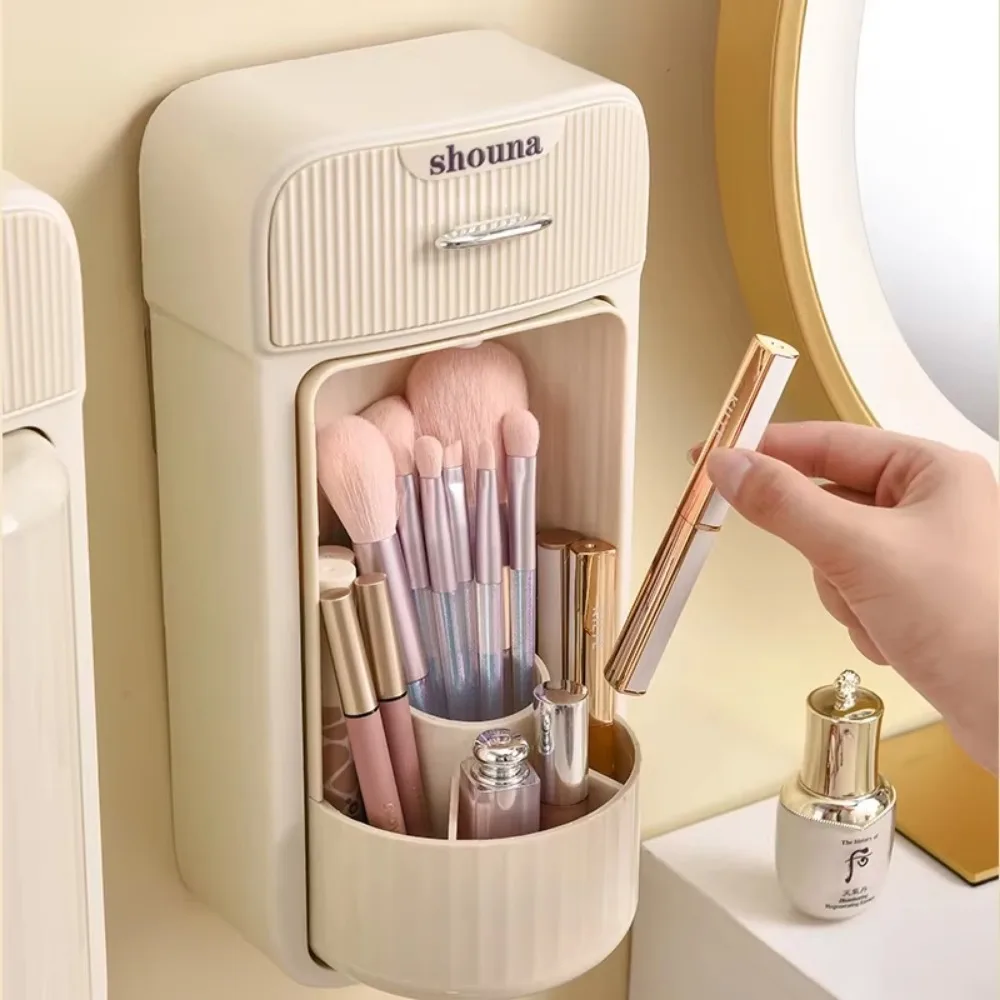 360 rotation makeup brush organizer,wall mounted four-grid design versatile 360°rotating fliptop dust-proof Holder with Drawer 5