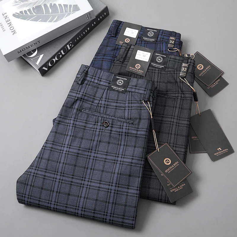 Four Seasons England Plaid Work Stretch Pants Men Business Fashion Slim Fit Grey Blue Casual Pant Male Brand Trousers men trousers