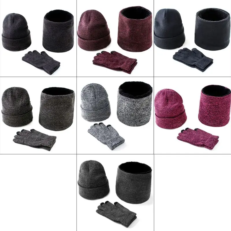 

2XPC Mens Womens 3Pcs Knitted Cuffed Beanie Hat Loop Scarf for Touch Screen Gloves Set Thicken Plush Lining Cap Collar Neck