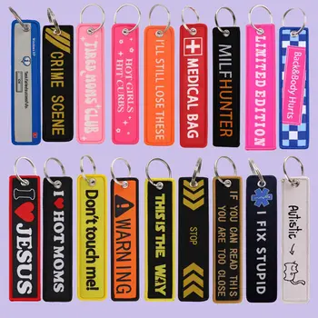 1pcs Computer Pop-up Window Quotes Embroidered Keys Tag Keychains For Motorcycles Backpack Fashion Key Ring Accessories Gifts