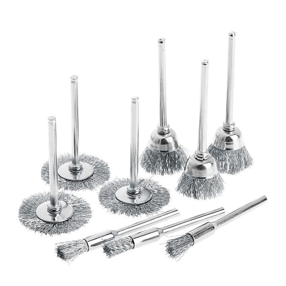 9Pcs Steel Wire Wheels Brushes Drill Rotary Tools Metal Rust Removal Cleaning Polishing Brush Set Derusting Grinding Hand Tools