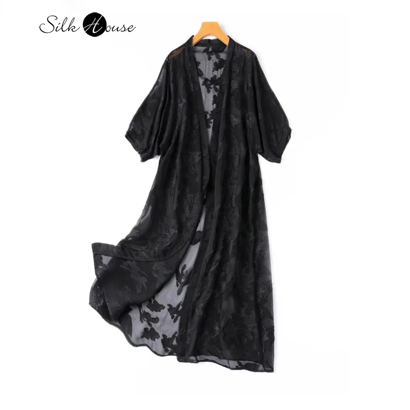 

2024 Women's Summer New Thin Like Cicada Wings Natural Mulberry Silk Batwing Sleeves Loose Black Sunscreen Shawl Cardigan