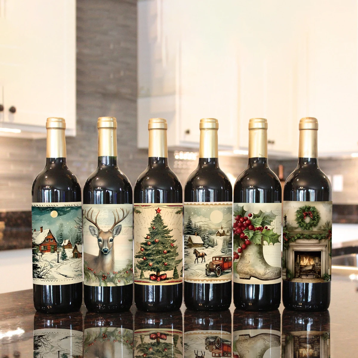12 Stickers Navideñas Para Botellas De Vino Tinto , Etiquetas Para Envolver Papá Noel Y Muñeco De Nieve Vintage Divertidas Y Fáciles De Pegar Con Forma De Alce Y Ciervo . I.1618788177