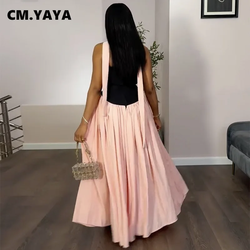 CM.YAYA Women Fashion Halter Neck Pleated Big Swing High Waist Maxi Long Dress 2025 Summer Party Night Club Vestidos Dresses 4