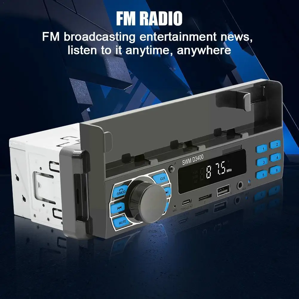 

Car Radio Bluetooth 1 Din MP3 Player Handsfree A2DP System Phone APP USB Type Cell Holder Head C Aux Audio Remote Unit D340 L2H1