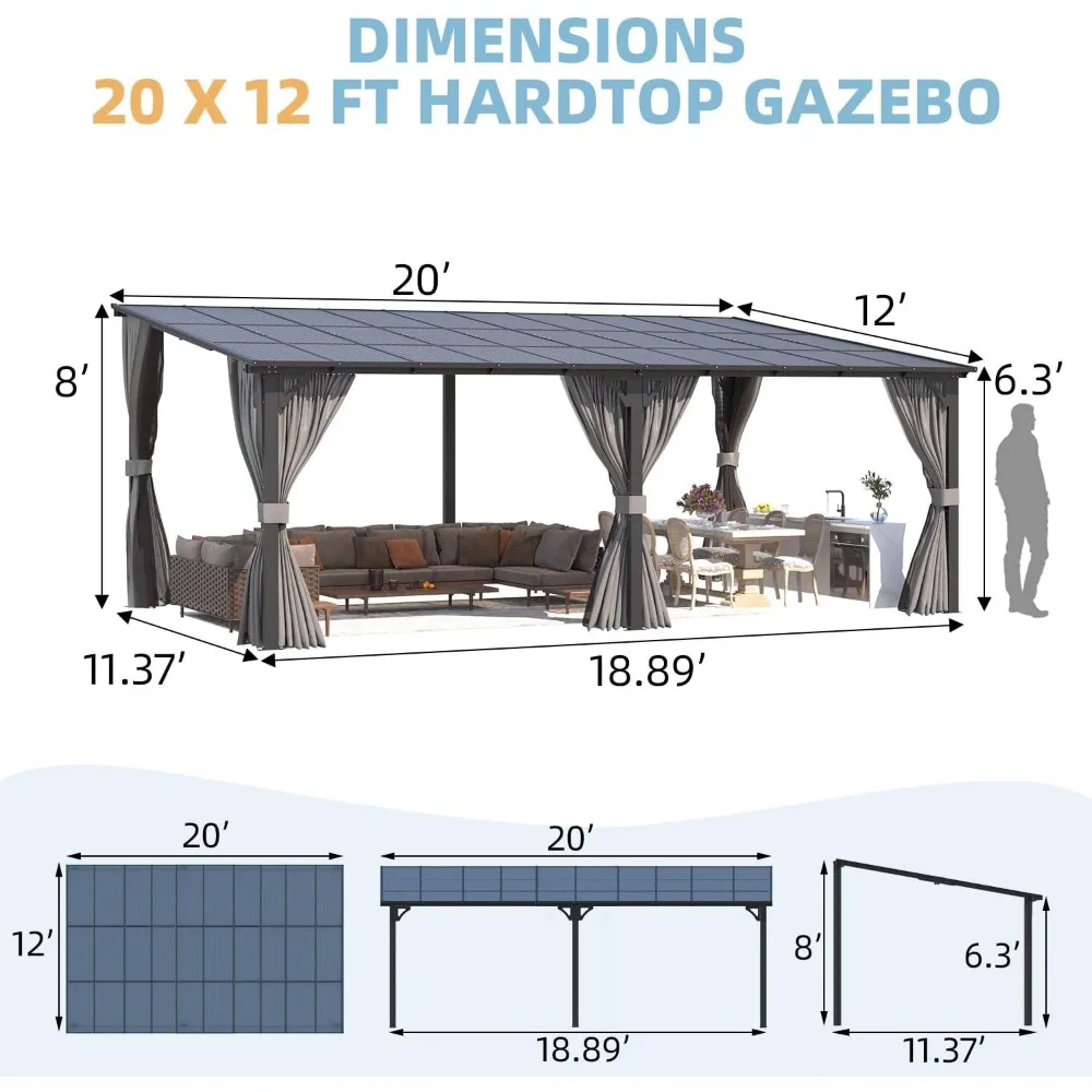 20' X 12' Gazebo for Patio, Large Wall-Mounted Lean to Pergola Gazebo with Curtains and Netting, 12x20 Hard Top Gazebos 5