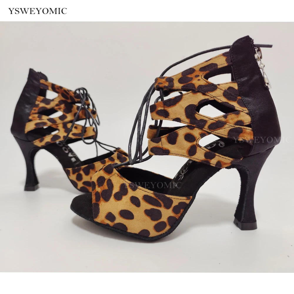 2022 Summer New Style Latin Shoes zapatos de baile latino Leopard Suede Leather Bachata Latin Salsa Dance Shoes in High Heel