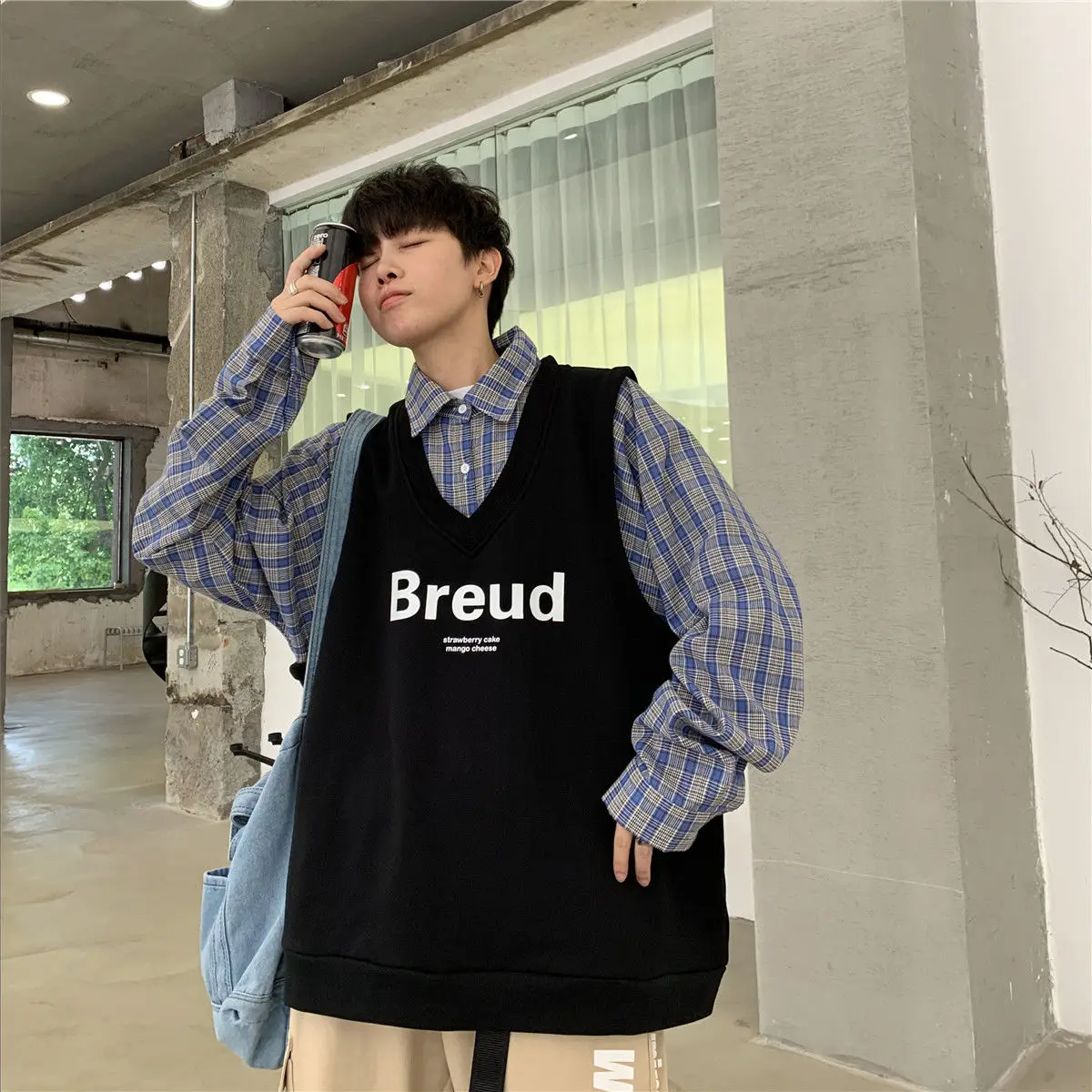 Hong Kong Style Ins Fake Two Sweaters Men's Spring and Autumn Loose Plaid Shirt Jacket Korean Version Chaopai Students' Clothes