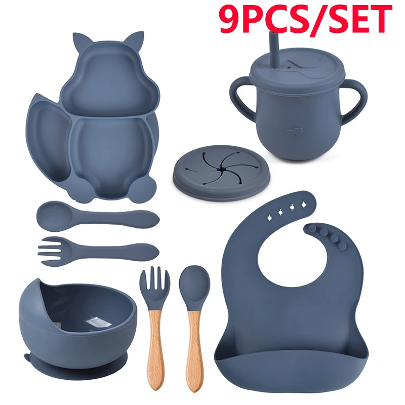 

8PCS/Set Baby Silicone Tableware Sucker Bowl Plate Cup Bibs Spoon Fork Sets Children Non-slip Baby Feeding Dishes BPA Free