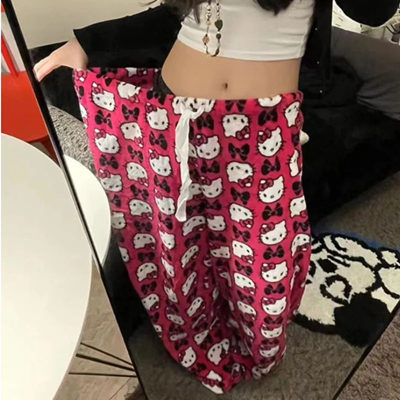 Sanrio Hello Kitty Short Sleeve T-shirts Loose Pants 2 Piece Set Women Cute  Pajamas Y2k Summer Tops Trousers Soft Sleepwear Suit