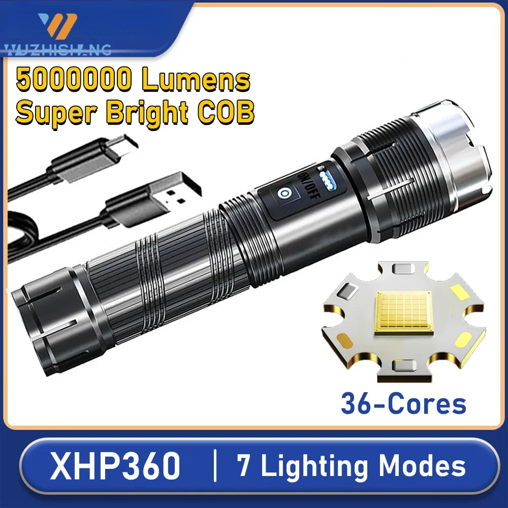 

5000000LM XHP360 Most Powerful LED Flashlights With COB 7 Light Modes Super Bright Zoom Tactical Flashlight Emergency Power Bank