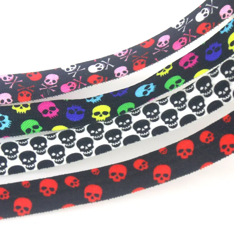 DHK 5/8'' 5yards Skull Printed Fold Elastic FOE Stretch Ribbon Hairbow Accessories Craft DIY Sewing E