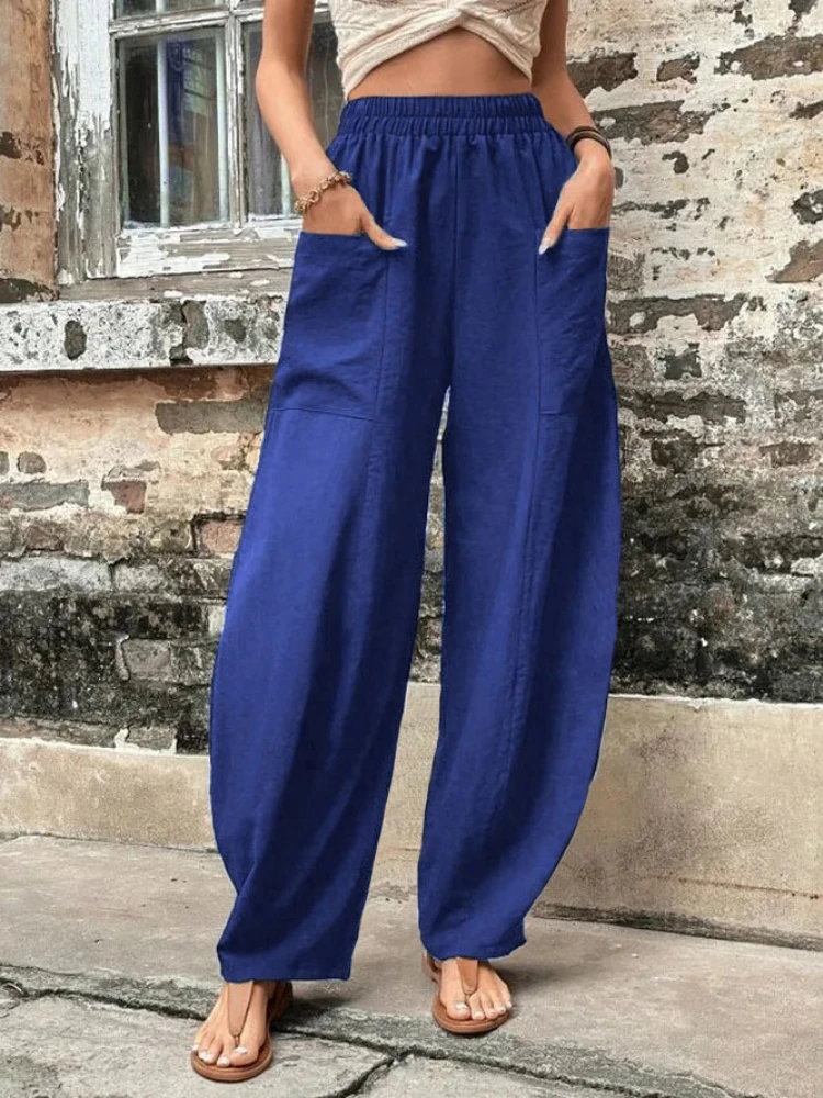 

Women's Long Pants Casual Fashion Spring Summer Solid Color Pocket Elastic Waist Oversized Loose Trousers Female