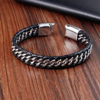 Braided Rope Woven Black Leather Men Bracelets Punk Style Stainless Steel Bangle for Friend Charm Fashion Jewelry Gifts 1