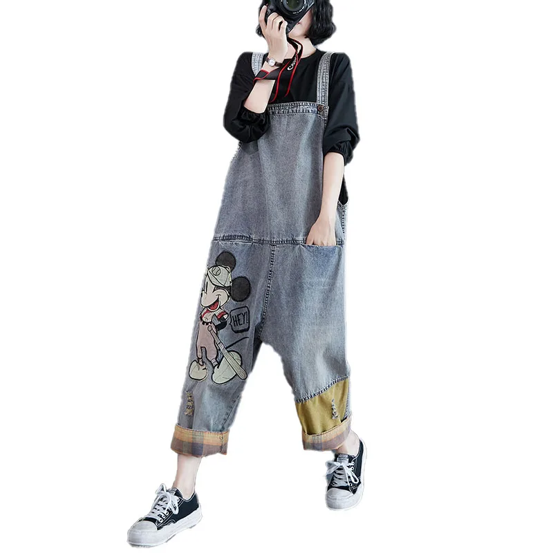 Potdemiel Average Loose Jumpsuit Elegant Denim Strap Pants Women's Spring Autumn Age-Reducing Cropped Wide-Leg Harem Trousers