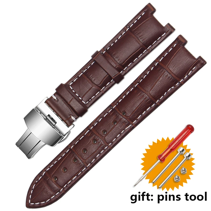 Genuine Leather Watchband with Stainless Steel Butterfly Buckle, Notched Strap Design