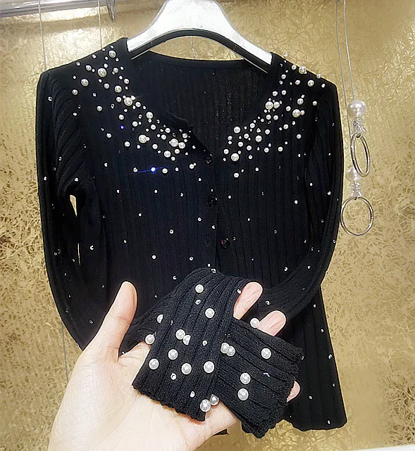 

Shiny drill black knit top stretch nail pearl drill thin sunscreen bead cardigan sweater