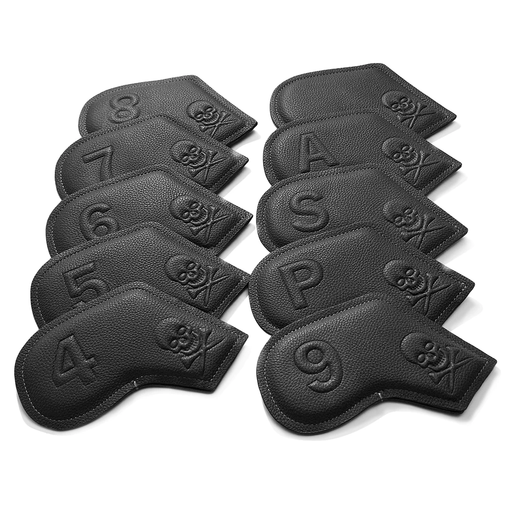 

10pcs/set Waterproof Solid PU Leather Litchi Texture Embossed Skull Paint Edge Golf Club Head Irons Cover