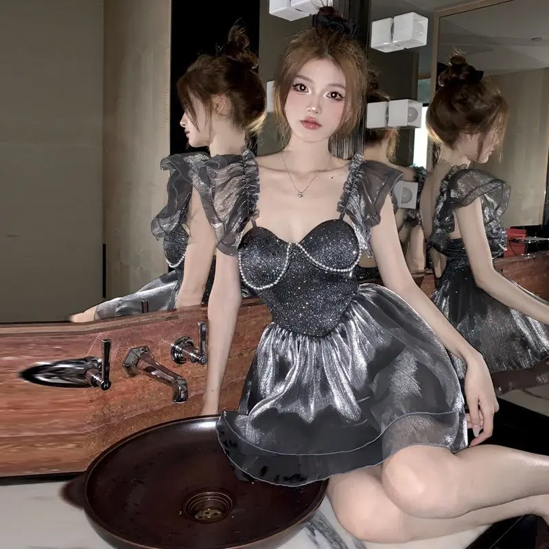 Summer 2025 New Shiny Sexy Dress with Suspender Back Hollow Gothic Mini Dress for Women Fashion Harajuku Socialite Style Dresses 4
