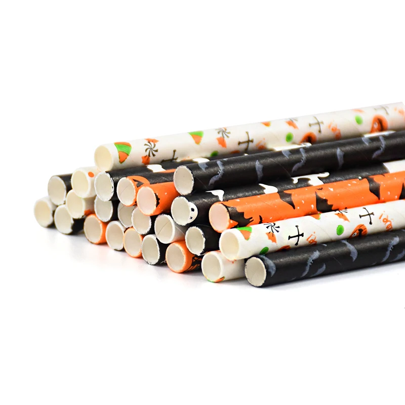 25/50 Pcs Halloween Black Orange Paper Straws Pumpkin Bat Spider Web Pattern Paper Drinking Straws for Halloween Party Supplies disposable paper straws