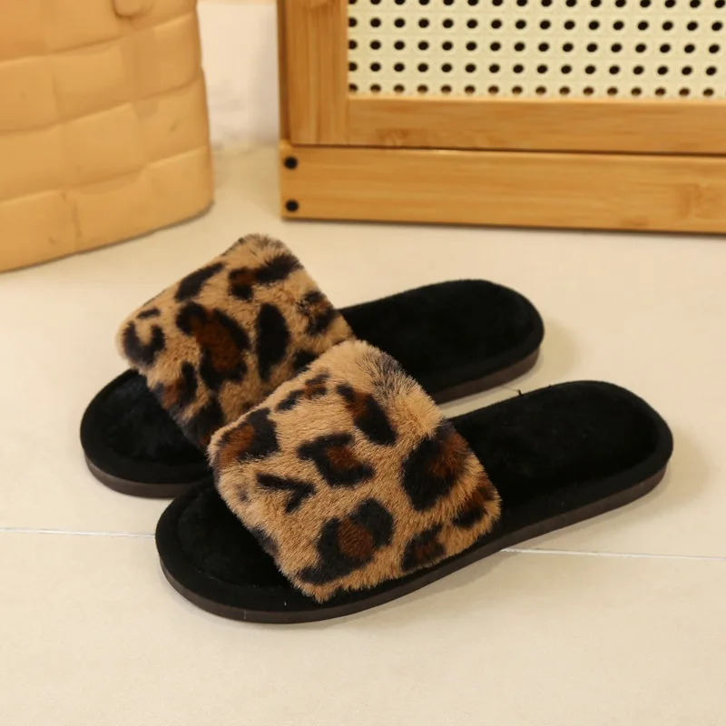 Fairy style leopard print fluffy slippers for women's outdoor wear in spring 2025, new plush and lazy one line cotton mop 5