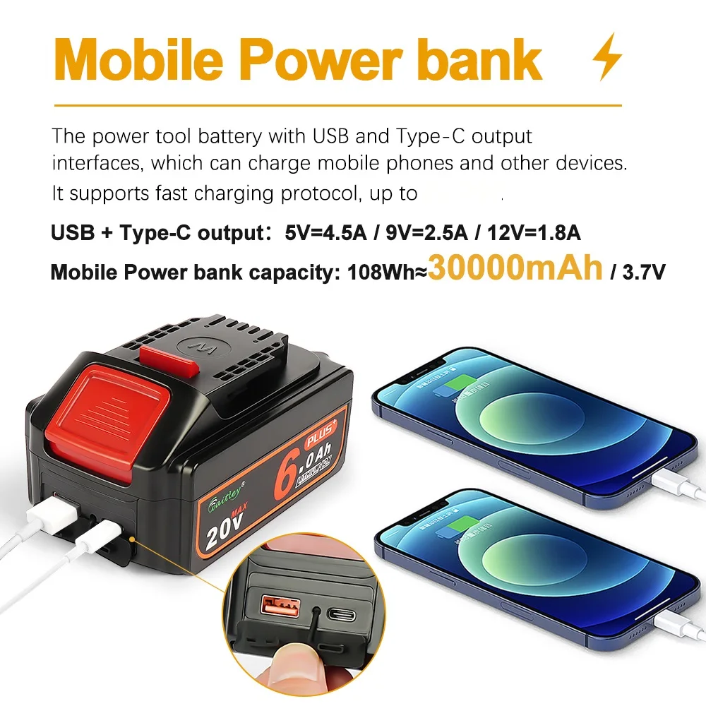 Waitley 100% 6Ah Battery For Dewalt 18V 20V power Tools With power bank electric tool Accessories Li-ion batteries DCB200 DCB184