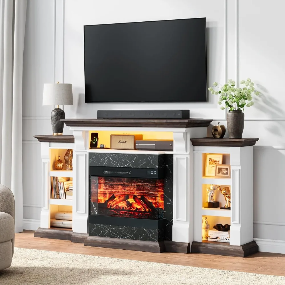 44" Electric Fireplace Mantel with LED Farmhouse TV Stand, Remote Control & Realistic 3D Flame for Living Room