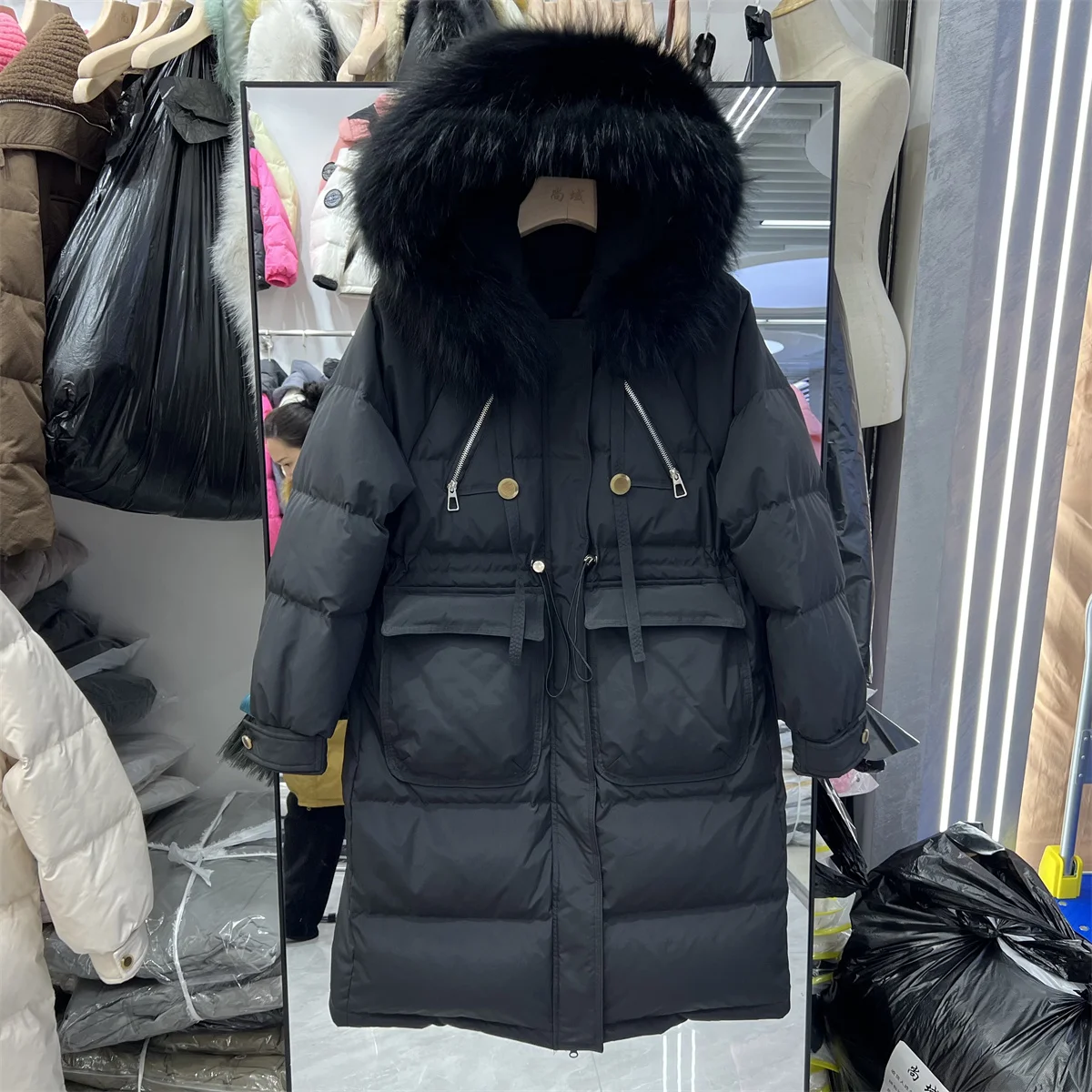 Thick Loose Ribbon White Duck Down Coat Women 2023 Winter New Mid-Length Over The Knee Hood Raccoon Fur Collar Jacket Female
