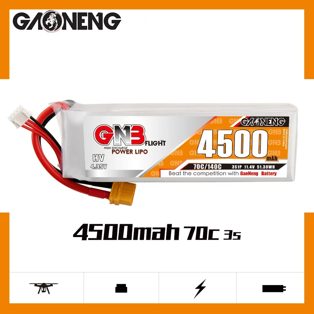 

GNB 4500mAh 3S/4S/6S 11.4V/15.2V/22.8V 70C HV RC Car Climbing Car with ducted fixed wing power lithium polymer battery