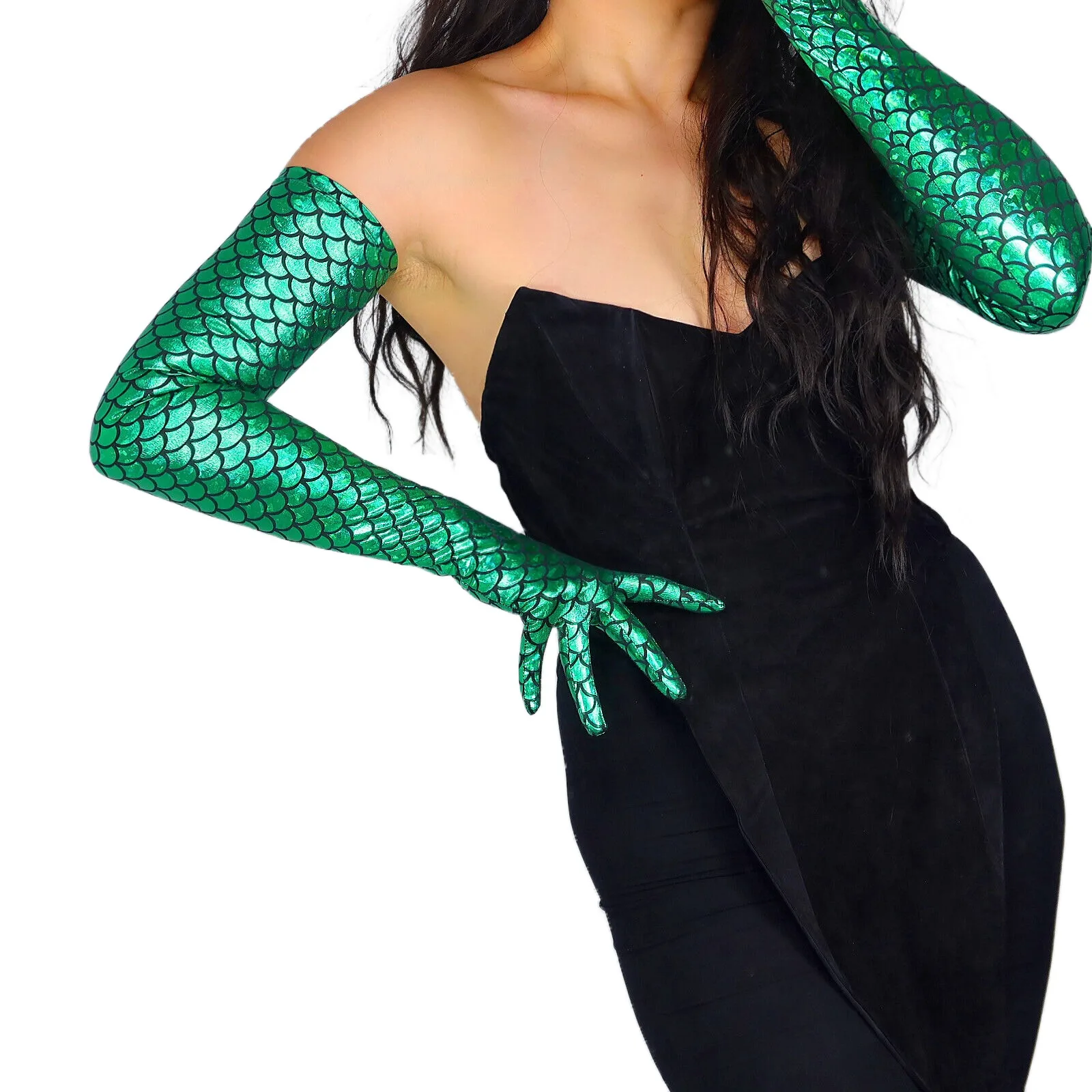 

DooWay Women's MERMAID GLOVES Fish Scale Shine Green 28" 70cm Long Holographic FITTED Evening Party Cosplay Costume Opera Glove