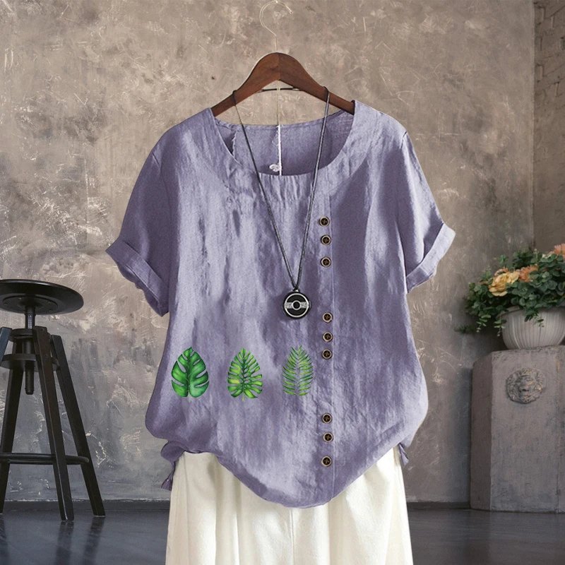 

Summer New Fashion Casual Linen Shirt Round Neck Leaf Printing T-shirt Women's Short Sleeve Tops Loose Blouse XS-5XL