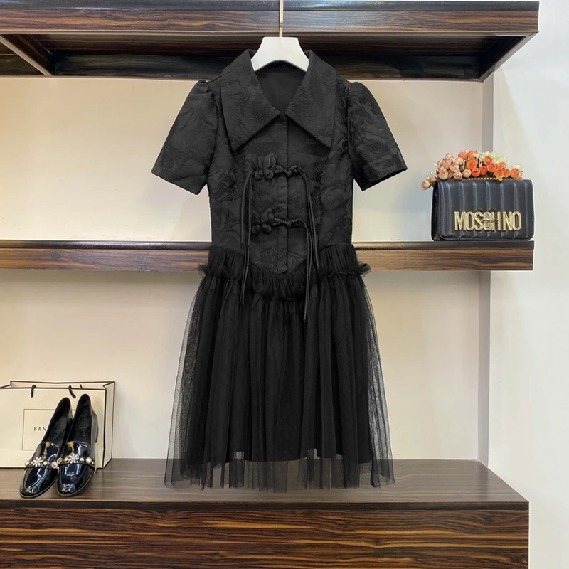 

Мини-платье женское с отложным воротником, элегантное Сетчатое лоскутное платье из полиэстера, с коротким рукавом и бабочкой, большие размеры, черный цвет, на лето