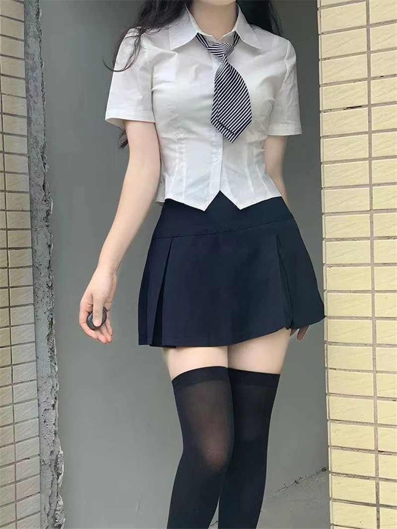 American Hot Girl Style Short Skirt Pleated Skirt Suit JK Uniform Suit Short-sleeved Shirt and Tie Female Summer Vest Shirt Sets