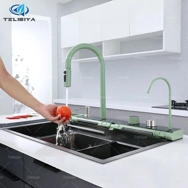 อ่างล้างจานสแตนเลสแบบติดผนัง พร้อมก๊อกน้ำแบบน้ำตก ขนาดใหญ่ ช่องเดียว ดีไซน์คีย์เปียโน พร้อมหน้าจอดิจิตอล สีเขียว 1